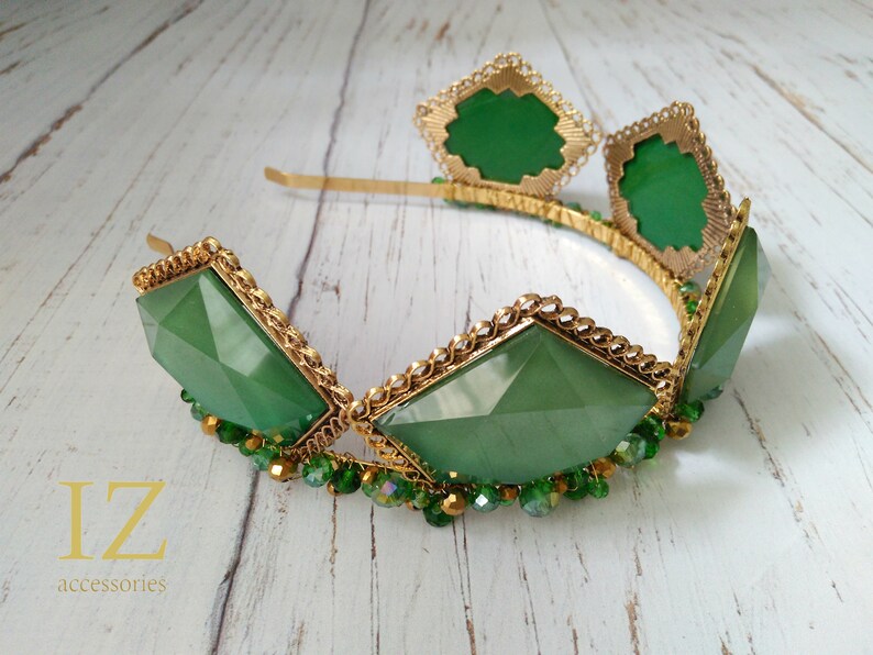 Green Crown Vintage Wedding Crystal Crown Hair crown Bridal headpiece headband Bridesmaid Wedding halo Baroque Queen Crown Hair Accessories