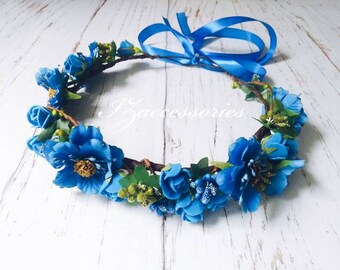Blue Flower Crown: Boho Wedding Headpiece, Maternity Shoot Prop