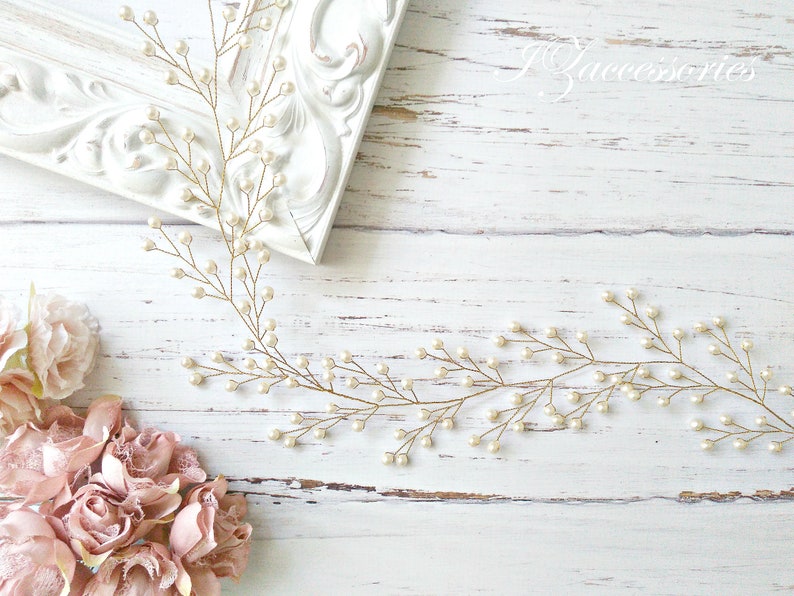 Wedding Pearl Hair Vine Bridal Hair Vine Rose gold Headpiece Hair piece White Ivory Pearl Hair Vine Long wedding hair vine Bridesmaid gift image 1