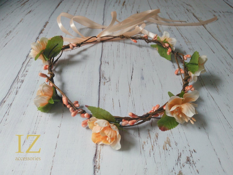 Peach Flower crown Rustic Woodland Wedding Boho Hair wreath Bridal headpiece headband Maternity Bridesmaid Flower girl Halo baby Newborn