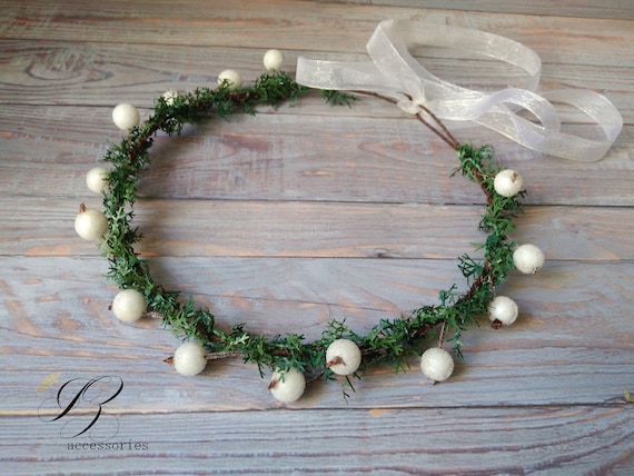 Wedding berry green wreath floral crown headdress Green Leaf and White Berry Vine Crown, Earthy Leaf Crown  main image 2