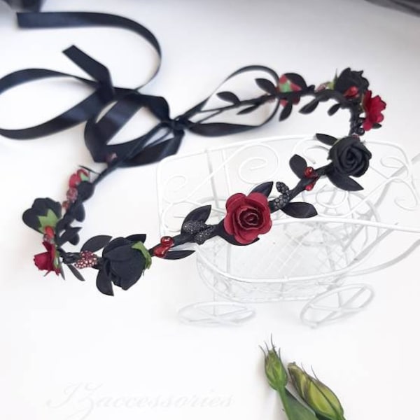 18 COLORS Gothic Wedding Flower crown Black & Burgundy Rose headband Bridal Hair piece Headpiece Bridesmaid Flower girl Bachelorette party
