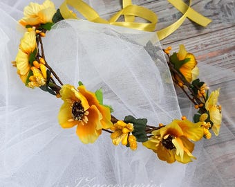Yellow Flower Crown, Rustic Wedding Hair Wreath, Boho Headpiece