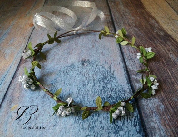 Wedding berry green wreath floral crown headdress Green Leaf and White Berry Vine Crown, Earthy Leaf Crown  main image 4