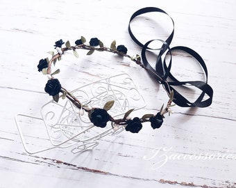 Black Rose Flower Crown: Gothic Wedding Headpiece, Boho Bridal Halo