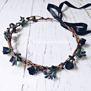 Black Flower Crown Gothic Wedding Rose Hair wreath Boho headband headpiece hair piece Bachelorette Wedding halo Bridal shower Bridesmaid
