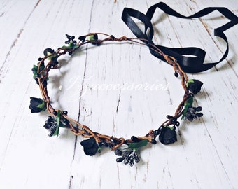 Black Rose Flower Crown: Gothic Wedding Hair Wreath, Boho Headband