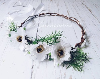 White Green Flower crown Rustic Wedding Boho Hair wreath Bridal headpiece headband Halo baby Newborn Bridesmaid Flower girl Maternity shoot