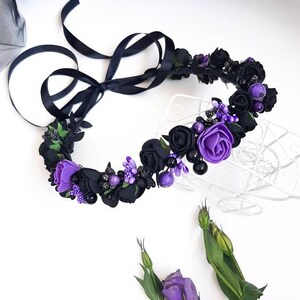 Gothic Wedding Flower Crown: Black & Purple Rose, Berry Headband