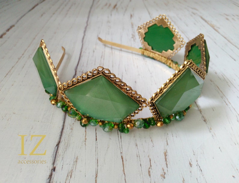 Green Crown Vintage Wedding Crystal Crown Hair crown Bridal headpiece headband Bridesmaid Wedding halo Baroque Queen Crown Hair Accessories