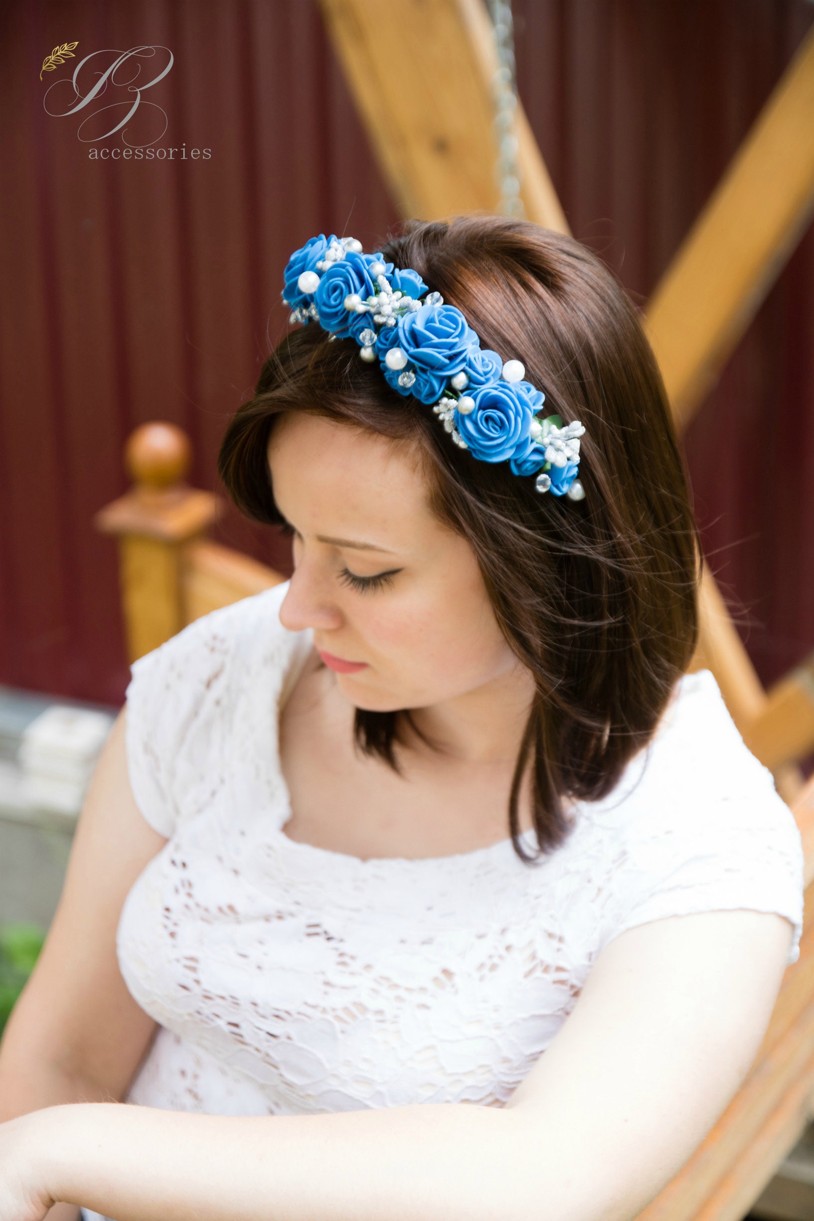Blue Rose Flower Crown, Crystal Pearl Bridal Headband - Etsy