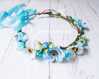 Blue & White Flower crown Boho hair wreath Bridal headpiece Bridesmaids headband Rustic Wedding halo