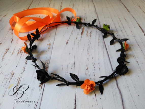 Halloween Headpiece Black Orange Flower Crown Rose Gothic Etsy