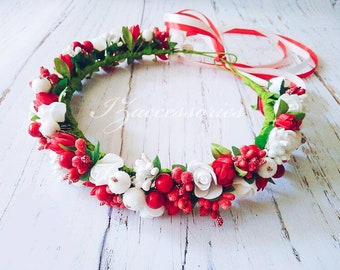 Red & White Flower crown Boho Wedding headpiece Bridal headband Christmas hair wreath