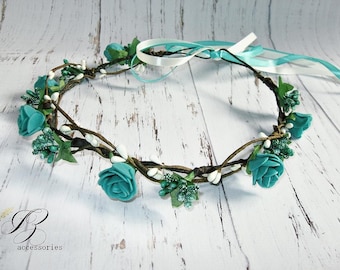 Turquoise Rose Flower Crown, Boho Wedding Headband - Etsy display picture 1