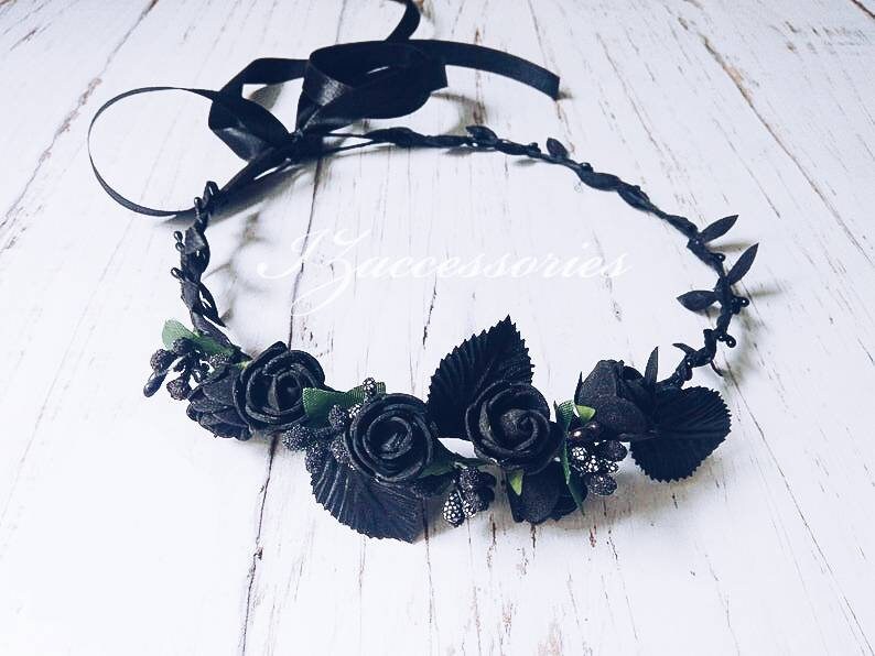 Black Flower Crown Gothic Wedding Rose Leaf Hair Wreath Boho Headband Headpiece Hairpiece Bachelorette Wedding Halo Bridal Shower Bridesmaid Etsy UK