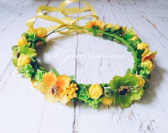 Rustic Yellow Green Floral Crown - Boho Wedding Headband