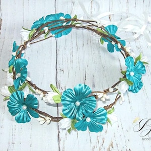 Turquoise White Wedding Flower crown Double headpiece Woodland hair wreath Halo baby Boho headpiece Bridal headband Bridesmaid Flower girl