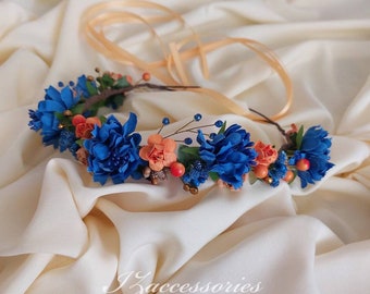 Blue Orange Beige Flower crown Crystal wreath Woodland Rustic wedding Bridal headpiece hair piece Halo baby headband Flower girl Bridesmaids