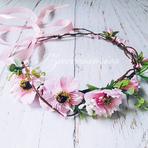 Pink Flower crown Rustic Wedding Boho wreath Bridal headpiece headband Halo baby Newborn Hair piece Bridesmaid Flower girl Maternity shoot