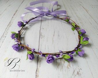 Purple Flower Crown: Lavender Wedding Headpiece, Boho Bridal Halo