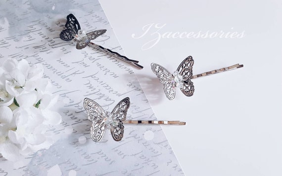 Silver hair clip with rhinestone butterflies and flowers Silver Rhinestone Pearl Barrette, Floral Butterfly Hair Clip  main image 2