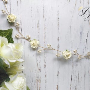 Braut Blumen Haarranke Hochzeit Perle Haarranke Ivory Rose Haarranke Boho Kopfschmuck Haarteil lange Haarranke Brautjungfer Geschenk Hochzeit Heiligenschein
