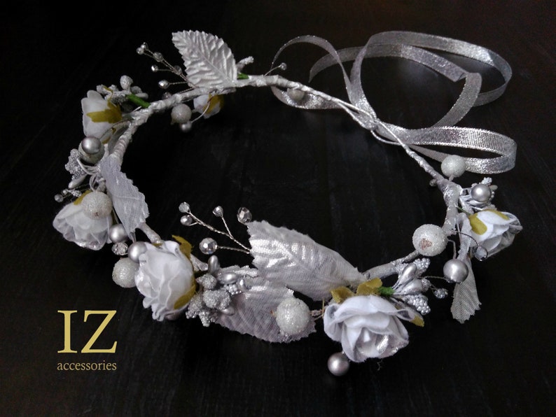 Silver Flower crown Rose Crystal crown Hair wreath Boho wedding headpiece Bridal headband Maternity Flower girl Bridesmaid Halo baby Newborn