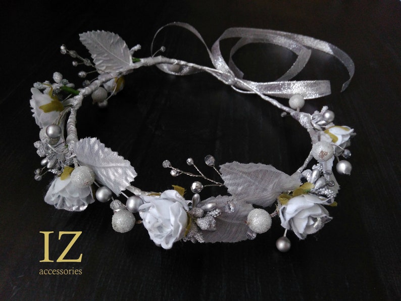 Silver Flower crown Rose Crystal crown Hair wreath Boho wedding headpiece Bridal headband Maternity Flower girl Bridesmaid Halo baby Newborn