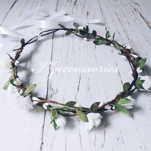 Boho Wedding Flower crown White Rose Leaves Hair wreath Bridal headpiece headband Halo baby shower Newborn Bridesmaid Flower girl Maternity