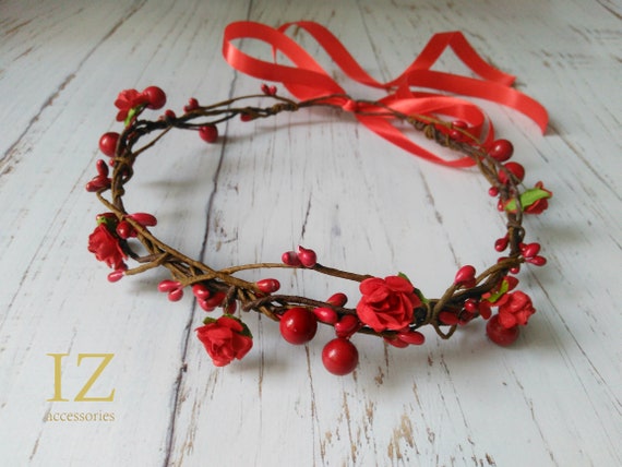 Red Wedding Flower Crown Bridal Headband Rose Boho Hair Wreath Etsy