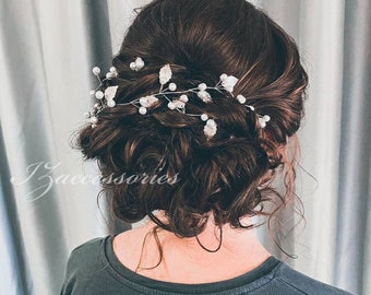 Silver Leaf Wedding Hair Vine White Ivory Pearl Hair Vine Leaf tiara headpiece Bridal headband Hairpiece Long hair vine Rose Gold Leaf crown