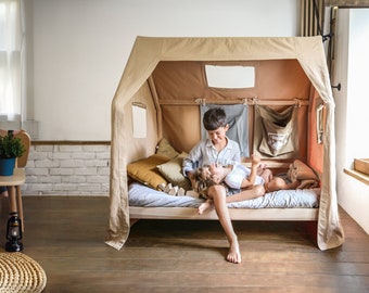 Montessori Toddler House Bed with Slats - Teepee Kids Loft Bed Frame, Children’s Platform Bed, Tent-Style Furniture for Child’s Room