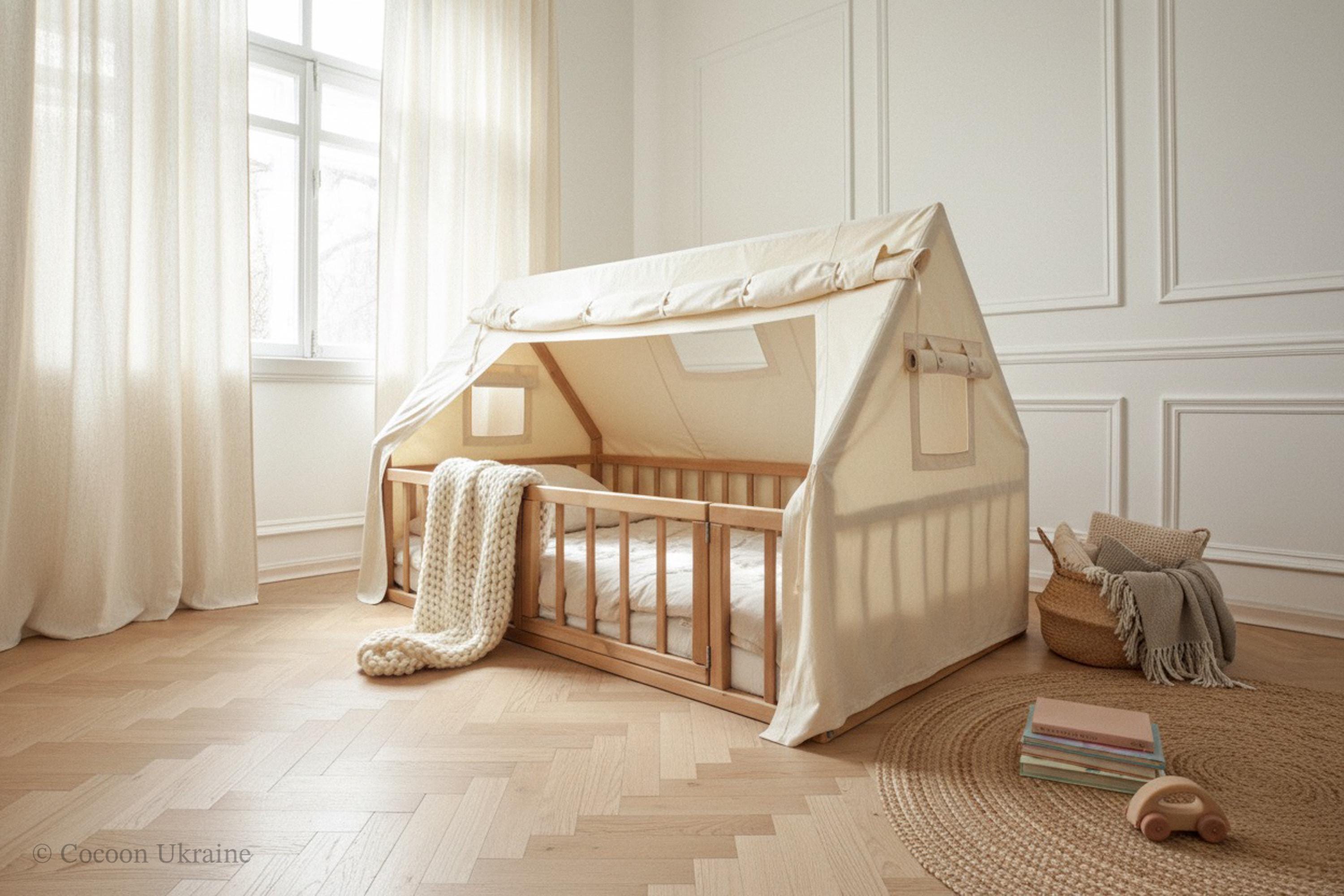 Canopy for Low-Rail Floor Bed Low Rail Floor Bed for Kids Solid Wood Platform Toddler Bed Frame with Slats Crib, Twin, Full EU Sizes