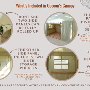 Puede incluir: Un diagrama que muestra las diferentes caracter&iacute;sticas de una tienda de juegos Cocoon's Canopy. El panel frontal est&aacute; dividido en tres secciones que se pueden enrollar por separado. Los paneles laterales se pueden enrollar completamente. Un panel lateral presenta una ventana grande. El otro panel lateral incluye dos bolsillos de almacenamiento internos. Todas las cortinas est&aacute;n aseguradas con botones a presi&oacute;n. "What's Included in Cocoon's Canopy" est&aacute; escrito en la parte superior del diagrama.