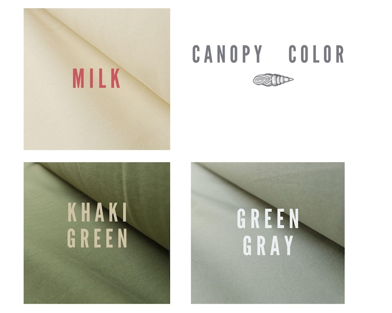 Puede incluir: Cuatro muestras de tela que muestran diferentes colores para un dosel. Los colores son Leche, Verde caqui, Gris verde.