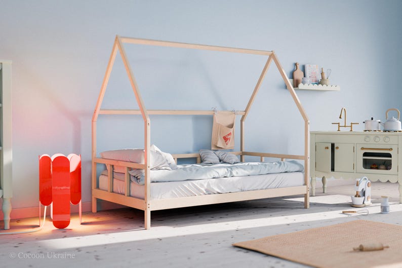 Floor Bed with Rails | Strawberry Canopy | Solid Alder Wood | Toddler Bed Frame | Bedroom Furniture for Kids image 2