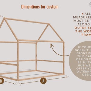 Puede incluir: Diagrama que muestra las dimensiones necesarias para crear un marco de cama con dosel personalizado. El diagrama muestra un marco de madera en forma de casa con etiquetas para las medidas A, B, C y D. El texto dice "Dimensiones para encargo" y "* TODAS LAS MEDIDAS DEBEN TOMARSE A LO LARGO DEL LADO EXTERIOR DEL MARCO DE MADERA".