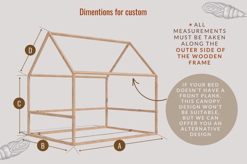 Puede incluir: Diagrama que muestra las dimensiones necesarias para crear un marco de cama con dosel personalizado. El diagrama muestra un marco de madera en forma de casa con etiquetas para las medidas A, B, C y D. El texto dice "Dimensiones para encargo" y "* TODAS LAS MEDIDAS DEBEN TOMARSE A LO LARGO DEL LADO EXTERIOR DEL MARCO DE MADERA".