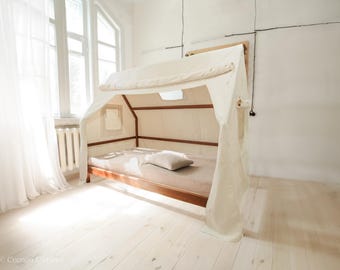 Kids Bed with Canopy, Walnut Wood ,Nursery Playhouse Bed,  Toddler bed, Handcrafted Kids bed, Play bed, Solid wood bed, Eco furniture
