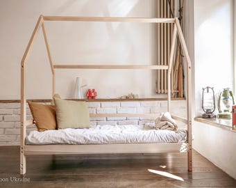 Alder Wood Bed Frame / Canopy Bed Frame / Bed for Toddlers / Kids Frame bad with  slats/ Bed with legs