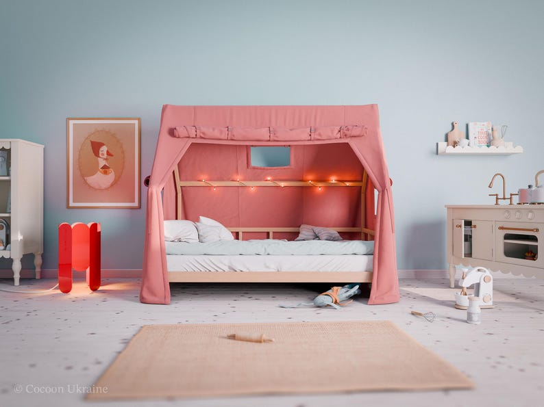 Floor Bed with Rails | Strawberry Canopy | Solid Alder Wood | Toddler Bed Frame | Bedroom Furniture for Kids image 3