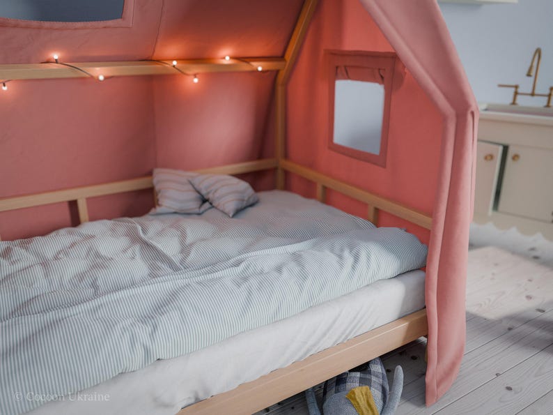 Floor Bed with Rails | Strawberry Canopy | Solid Alder Wood | Toddler Bed Frame | Bedroom Furniture for Kids image 4