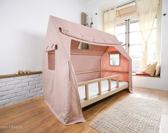 Montessori House Bed, Crib ,Twin, Full, or Queen House Bed Frame + Railings + Slats, Complete with Canopy Cover and Curtain