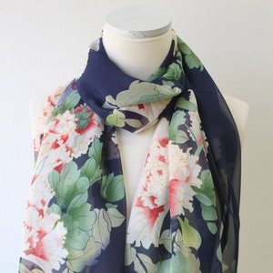 Soft Chiffon Poly Long Wrap Scarves/Floral Lightweight Scarf/Peony Flower and Butterfly/Pink Yellow Green Blue Purple/Spring Summer Scarves