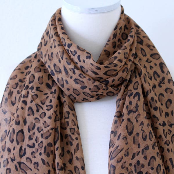 FINAL SALE//Soft Leopard Long Wrap Scarves/Black and Dark Brown Chiffon Poly Scarf/Leopard Print Spring Summer Scarf /Animal Scarf