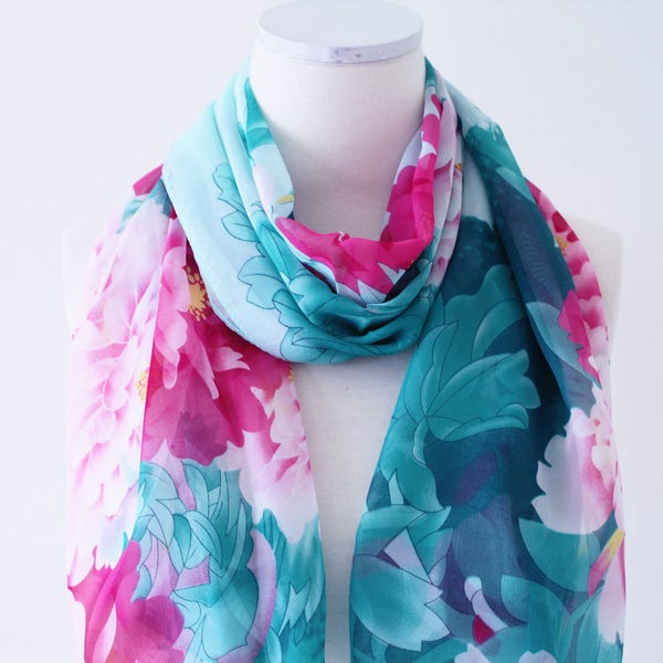 FINAL SALE//Soft Long Wrap Scarves/Floral Lightweight Scarf/Peony Flower and Butterfly/Teal Green, White, Pink/Spring Summer Women Scarves