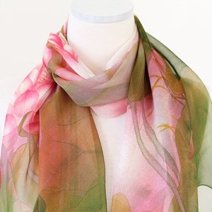 Soft Chiffon Long Scarf/Lotus Floral Scarf/Flower Wrap Scarves/Olive, Ivory and Pink Painting Scarf/Lightweight Women Spring Summer Scarf