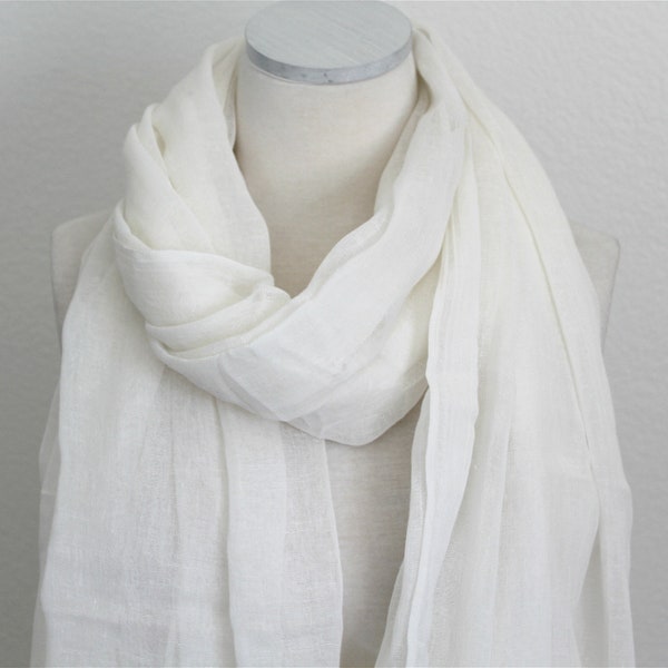 100% Pure Linen Scarf/Lightweight Gauze/Long Wrap/Ivory White Linen Scarf/Large White Shawl/Womens Mens Scarf