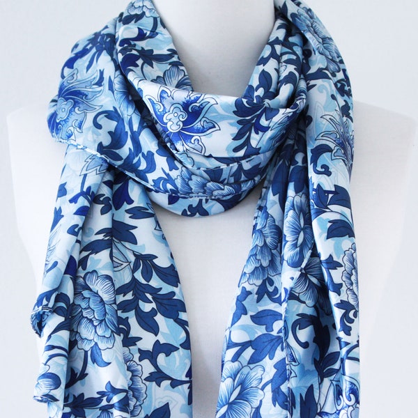 Soft Elegant Long Wrap Scarves/Blue Porcelain Floral Print Scarf with Tassels/Spring Summer Scarf/Women Scarves/Bridal Shawl